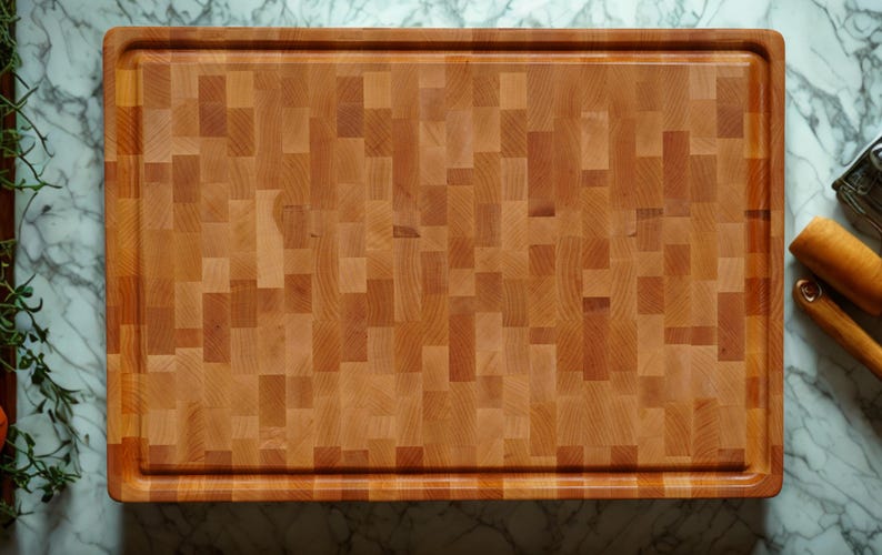 May include: A rectangular wooden cutting board featuring an end-grain construction with a mosaic of light and medium brown wood blocks. The board has a recessed juice groove running along the perimeter of its top surface with rounded edges.