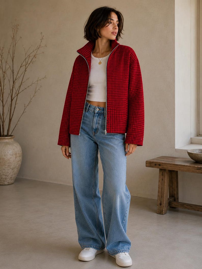 Puede incluir: Una chaqueta con cremallera de cuadros rojos y negros con cuello alto, usada sobre una camiseta sin mangas blanca y pantalones vaqueros anchos de color azul claro. La chaqueta presenta un patr&oacute;n de rejilla, mangas largas y cremallera plateada.