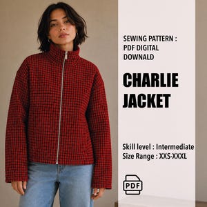 May include: A red and black grid-patterned jacket with a high collar and a silver front zipper. The text reads: SEWING PATTERN : PDF DIGITAL DOWNALD CHARLIE JACKET Skill level : Intermediate Size Range : XXS-XXXL with a PDF icon.