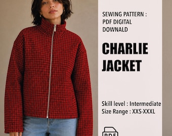 May include: A red and black grid-patterned jacket with a high collar and a silver front zip. The text reads: SEWING PATTERN : PDF DIGITAL DOWNALD CHARLIE JACKET Skill level : Intermediate Size Range : XXS-XXXL with a PDF icon.