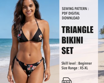 Puede incluir: Conjunto de bikini triangular negro con estampado floral. La imagen incluye el texto "TRIANGLE BIKINI SET" y "PDF DIGITAL DOWNLOAD". El nivel de habilidad es principiante y el rango de tallas es XS-XL.
