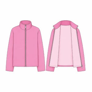 Puede incluir: Una chaqueta de forro polar rosa brillante con cuello alto y cremallera central completa. La ilustraci&oacute;n muestra la chaqueta en dos vistas: una completamente cerrada con cremallera y otra abierta para revelar un forro interior de color rosa m&aacute;s claro.