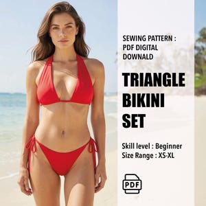 May include: A red triangle bikini set sewing pattern available as a PDF digital download. The text reads: SEWING PATTERN : PDF DIGITAL DOWNALD TRIANGLE BIKINI SET Skill level : Beginner Size Range : XS-XL. Includes a PDF file icon.