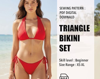 May include: A red triangle bikini set sewing pattern available as a PDF digital download. The text reads: SEWING PATTERN : PDF DIGITAL DOWNALD TRIANGLE BIKINI SET Skill level : Beginner Size Range : XS-XL. Includes a PDF file icon.