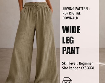 May include: Olive green wide-leg trousers with a drawstring waist and pockets. The trousers are part of a PDF digital sewing pattern for beginners, available in sizes XXS-XXXL. The image also includes the text "WIDE LEG PANT".