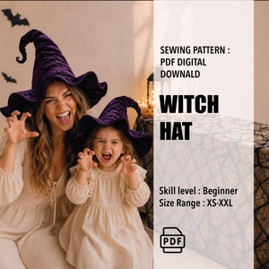 Puede incluir: Un patrón de costura para sombrero de bruja de terciopelo morado disponible como descarga digital PDF. El texto dice: SEWING PATTERN : PDF DIGITAL DOWNALD WITCH HAT Skill level : Beginner Size Range : XS-XXL. El sombrero tiene una copa alta.