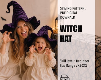Puede incluir: Un patrón de costura para sombrero de bruja de terciopelo morado disponible como descarga digital PDF. El texto dice: SEWING PATTERN : PDF DIGITAL DOWNALD WITCH HAT Skill level : Beginner Size Range : XS-XXL. El sombrero tiene una copa alta.
