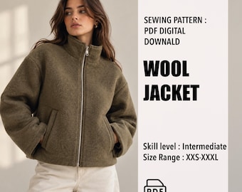 May include: A digital sewing pattern for a wool jacket with a high collar and front zip. The text reads: SEWING PATTERN : PDF DIGITAL DOWNALD WOOL JACKET Skill level : Intermediate Size Range : XXS-XXXL. Includes a PDF icon.