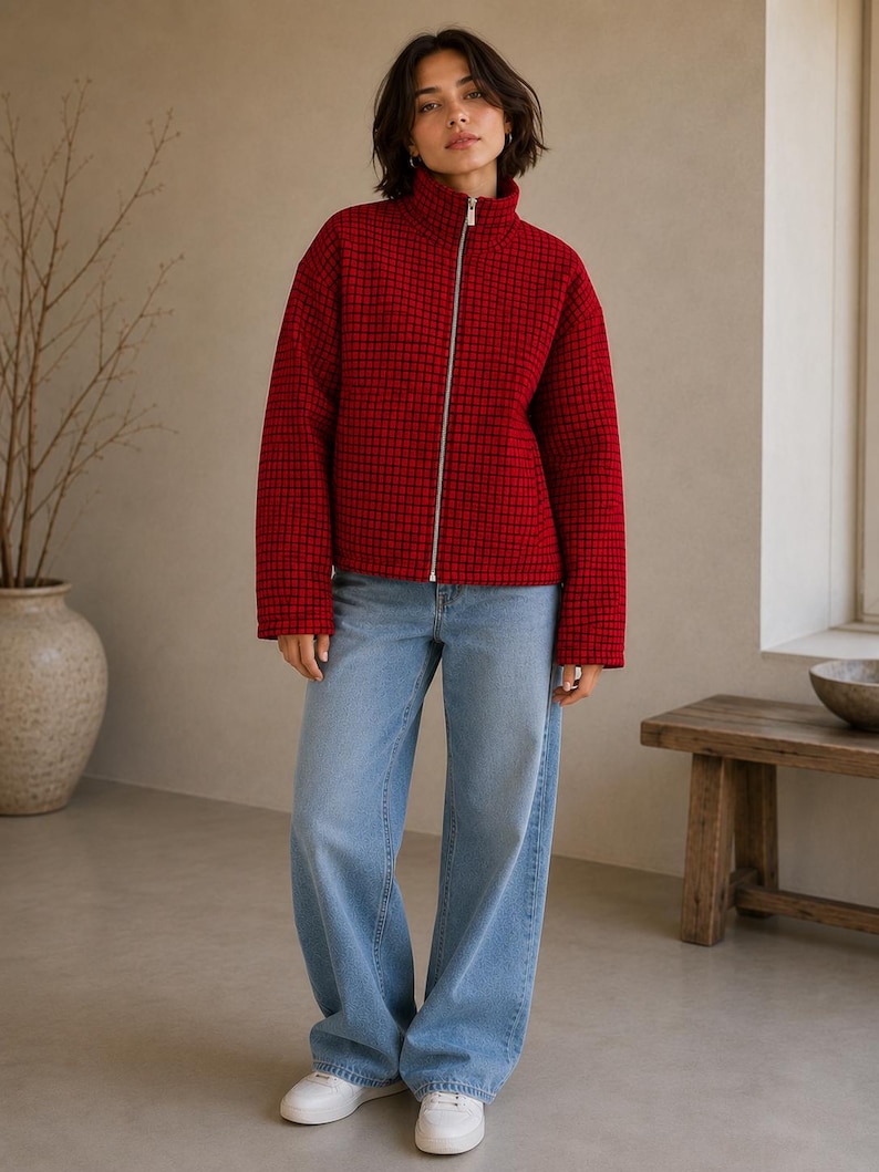Puede incluir: Una chaqueta roja con un patr&oacute;n de cuadr&iacute;cula negra, cuello alto y cremallera plateada de cuerpo entero, combinada con pantalones vaqueros de mezclilla azul claro y zapatillas blancas. La chaqueta tiene mangas largas y un corte estructurado.