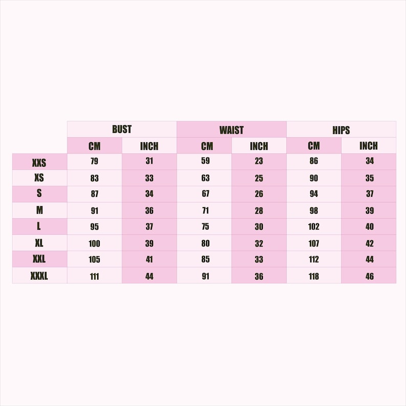 Puede incluir: Una tabla de tallas de ropa en rosa y blanco con columnas para busto, cintura y caderas. La tabla enumera tallas desde XXS hasta XXXL con las medidas correspondientes en cent&iacute;metros y pulgadas, que van de 79 cm a 111 cm y 31 a 44 pulgadas.
