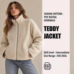 May include: A cream-colored, long-sleeved, zip-up teddy jacket with a high collar. Text on the right reads: SEWING PATTERN : PDF DIGITAL DOWNALD TEDDY JACKET Skill level : Intermediate Size Range : XXS-XXXL with a PDF file icon.