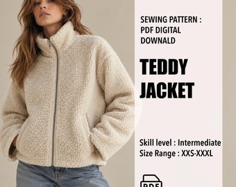 May include: A cream-coloured, long-sleeved, zip-up teddy jacket with a high collar. Text on the right reads: SEWING PATTERN : PDF DIGITAL DOWNALD TEDDY JACKET Skill level : Intermediate Size Range : XXS-XXXL with a PDF file icon.