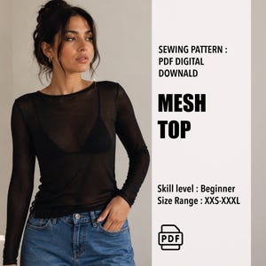 Può includere: Un cartamodello per un top a maniche lunghe in rete nera. Il testo recita: SEWING PATTERN : PDF DIGITAL DOWNALD MESH TOP Skill level : Beginner Size Range : XXS-XXXL. L'immagine include un'icona PDF per questo download digitale.