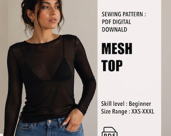 May include: A black long-sleeve mesh top sewing pattern. The text reads: SEWING PATTERN : PDF DIGITAL DOWNALD MESH TOP Skill level : Beginner Size Range : XXS-XXXL. The image includes a PDF icon, indicating a digital download for this garment.