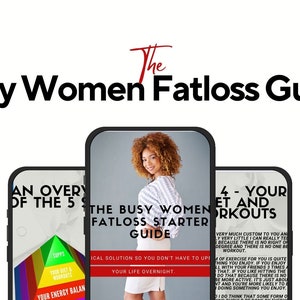 May include: A digital guide for busy women on fat loss, featuring a woman with curly hair and a white and black striped shirt, and text that reads "The Busy Women Fatloss Starter Guide" and "An Overview of the 5 Steps to Fatloss".