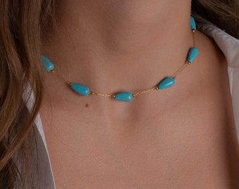 turquoise choker necklace, thin chain necklace with turquoise bead, gold boho choker, waterproof non tarnish necklace, summer beach jewelry