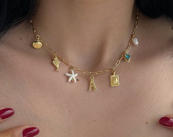 summer chain Charm necklace, Custom Charm Necklace, Gold dainty small Charm Jewelry, Birthday Gift for Her, Personalized Initial Necklace