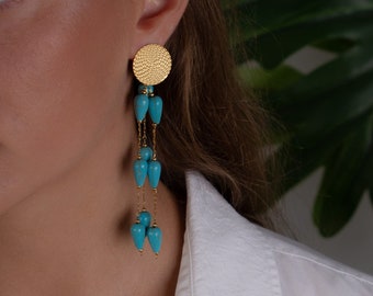 turquoise drop earrings, long dangle stud earrings, gold xl summer earrings, non tarnish boho earrings, handmade jewelry, gold chain earring