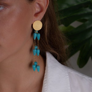 turquoise earrings, gold chain earrings with turquoise stones, women long earrings gold