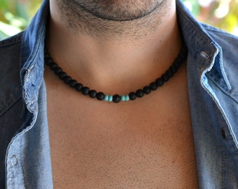 summer necklace for men, Black Onyx bead necklace men, turquoise boho necklace, beaded necklace men beach jewelry, gift for him, surfer