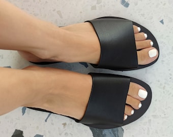 Sandalias de cuero griego, sandalias negras tipo tobogán, zapatos de verano para mujer, regalo para ella, 100% cuero genuino, sandalias planas para uso diario, sandalias sin cordones