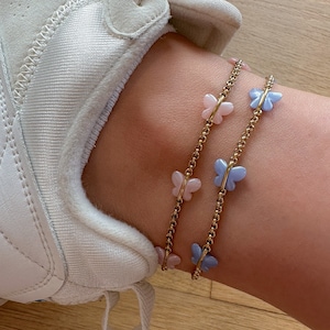 small butterfly charm anklet, waterproof anklet, gold plated ankle bracelet, anklet with tiny pink blue charms, summer beach foot jewelry