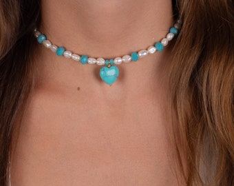 heart choker, vintage heart necklace, turquoise bead pearl necklace, chunky heart necklace, heart pendant necklace, perfect gift for her