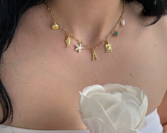 gold Charm necklace, Custom Charm Necklace, Gold Vintage Charm Jewelry, Birthday Gift for Her, Personalized Initial Necklace, chain charms