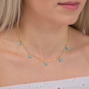 turquoise necklace, evil eye necklace, gold chain necklace, evil eye jewelry, protection necklace, evil eye pendant, thin gold chain, choker