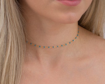 rosary, turquoise necklace, beaded necklace, turquoise choker, dainty necklace, gold chain necklace, layered necklace, beaded choker, simple