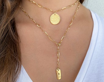 gold choker with a big coin, necklace, gold chain necklace set, large coin charm choker, Y lariat necklace, layering necklace, gift for her