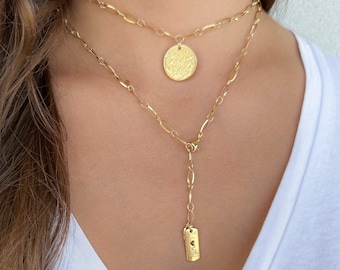 gold choker with a big coin, necklace, gold chain necklace set, large coin charm choker, Y lariat necklace, layering necklace, gift for her