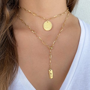 gold choker with a big coin, necklace, gold chain necklace set, large coin charm choker, Y lariat necklace, layering necklace, gift for her image 1