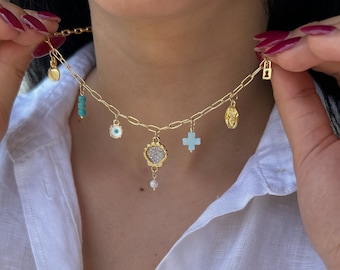 gold Charm necklace, Custom Charm Necklace, Gold Vintage Charm Jewelry, Birthday Gift for Her, Personalized Initial Necklace, chain charms