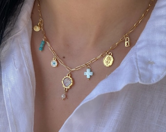 gold Charm necklace, Custom Charm Necklace, Gold Vintage Charm Jewelry, Birthday Gift for Her, Personalized Initial Necklace, chain charms