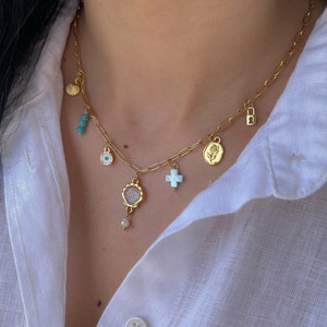 gold Charm necklace, Custom Charm Necklace, Gold Vintage Charm Jewelry, Birthday Gift for Her, Personalized Initial Necklace, chain charms