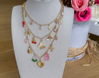 gold Charm necklace, Custom Charm Necklace, Gold Vintage Charm Jewelry, Birthday Gift for Her, Personalized Initial Necklace, chain charms
