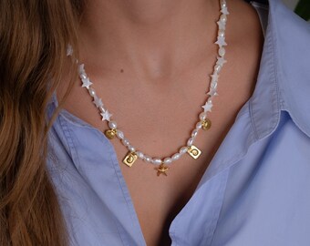 dainty pearl necklace, pearl necklace, handmade jewelry, 21st birthday gift for her, 6th anniversary gift, necklace set, beaded necklace