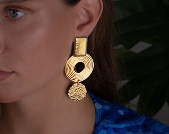 big gold geometrical earrings, long statement earrings, xl stud gold earrings, african dangle earrings, handmade jewelry, bohemian earrings