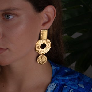 big gold geometrical earrings, long statement earrings, xl stud gold earrings, african dangle earrings, handmade jewelry, bohemian earrings