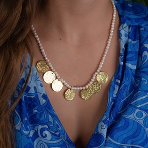 dainty pearl necklace, gold coin necklace, beaded necklace, dainty necklace, disc necklace, handmade jewelry, boho necklace, pearl necklace