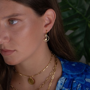 moon and star earrings, thin gold hoop earrings, star hoop earrings, small hoop earrings, huggie earrings, handmade earrings, celestial