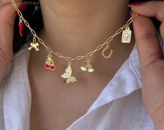 gold Charm necklace, Custom Charm Necklace, Gold Vintage Charm Jewelry, Birthday Gift for Her, Personalized Initial Necklace, chain charms