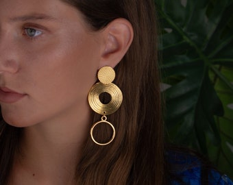 gold circle earrings, long african earrings, statement dangle earrings, xl large stud earrings, handmade jewelry, geometric disc earrings