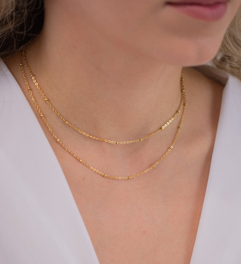 layered necklace gold, double beaded chain necklace, stainless steel necklace, gold chain necklace, minimalist necklace, gold chain choker image 1