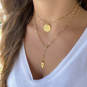 gold choker with a big coin, necklace, gold chain necklace set, large coin charm choker, Y lariat necklace, layering necklace, gift for her imagem 4