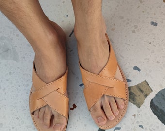Men's leather sandals, Greek leather shoes, men's summer shoes, slides sandals, X sandals, brown sandals, handmade men's shoes, gift for him