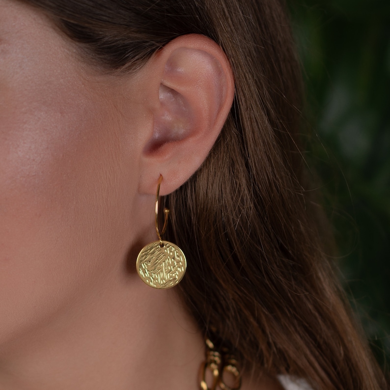 gold coin hoop earrings, non tarnish gold earrings, dainty earrings set, cool earrings, huggie earrings, handmade jewelry, gold disc earring image 2