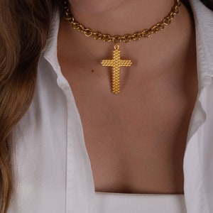 gold cross choker necklace, gold chunky chain necklace, cross jewelry, protection necklace, gift for her, big cross pendant, choker collar image 4