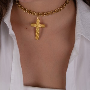 gold cross choker necklace, gold chunky chain necklace, cross jewelry, protection necklace, gift for her, big cross pendant, choker collar image 2